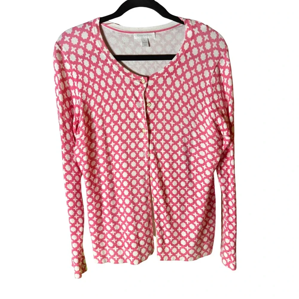 Charter Club Pink White Geometric Cardigan Sweater Strawberry Ice Large NWT - Picture 2 of 8